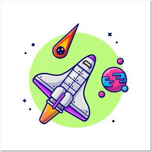 Space Shuttle Flying with Planet and Meteorite Space Cartoon Vector Icon Illustration Posters and Art